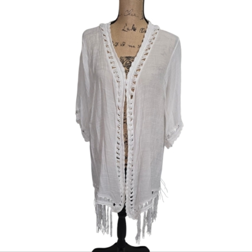 Vivid White Crocheted Fringe Kimono Coverup Wrap Cardigan Plus Size 2X 3X‎ New